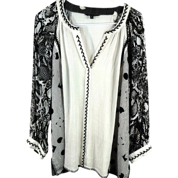 John Mark Geometric Embroidered Black White Lace Boho Blouse Flounce Sleeve M - Picture 1 of 11